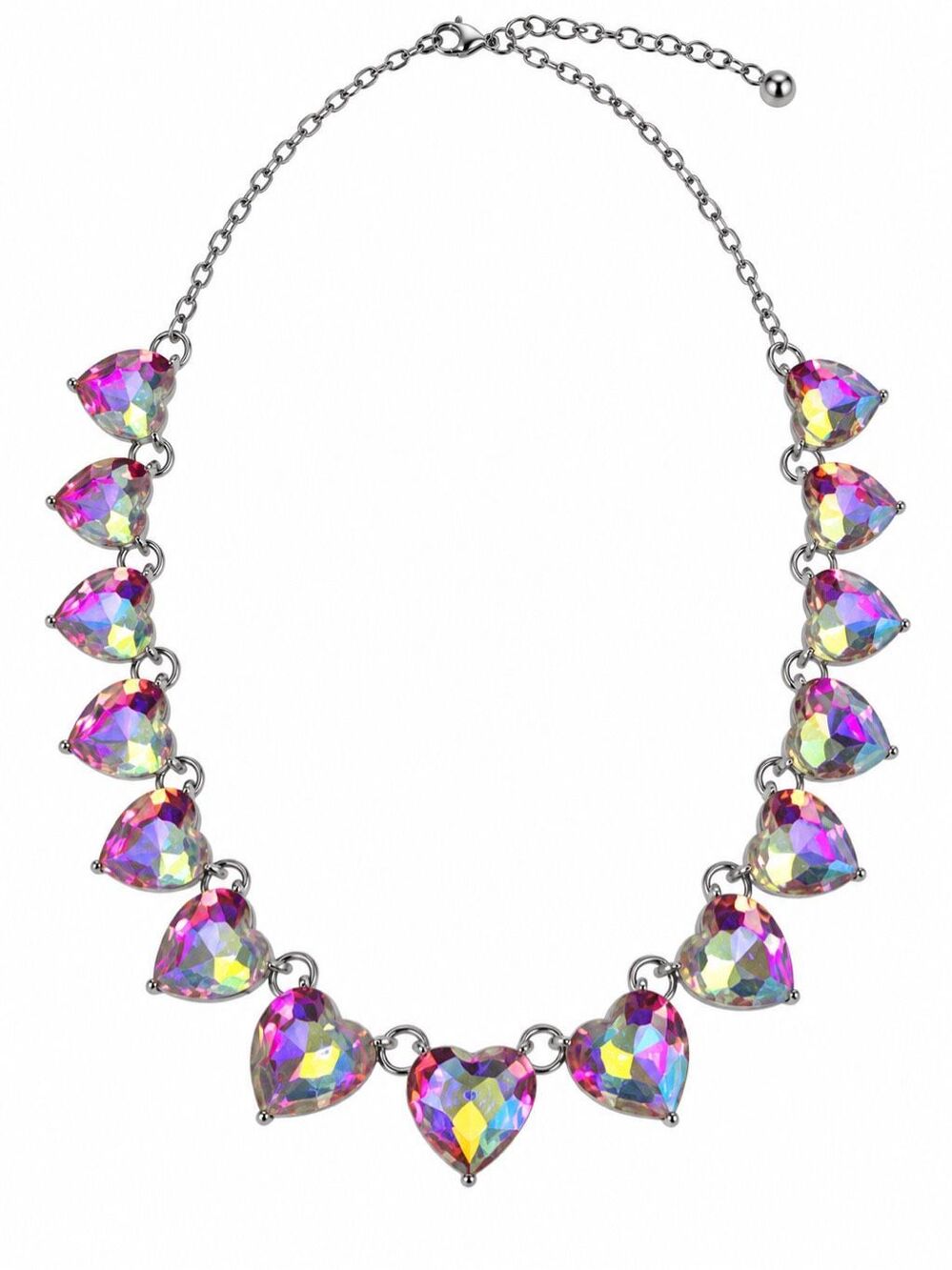 Iridescent Rainbow Crystal Heart Statement Necklace Silver Tone